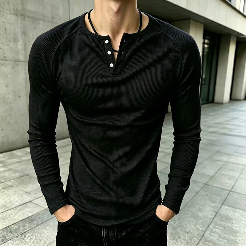 Men's Casual Slim Fit Ribbed Henley T-Shirt