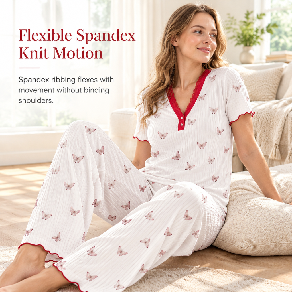 Women's Printed Pajama Set Short Sleeve Top and Long Pants Comfortable Stretchy Loungewear