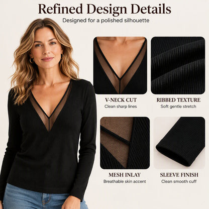 Women's Mesh Patchwork V-Neck Long Sleeve Top