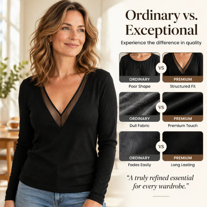 Women's Mesh Patchwork V-Neck Long Sleeve Top