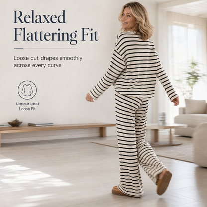Women Casual Loose Striped Long Sleeve Crew Neck Top and Drawstring Pants Loungewear Set