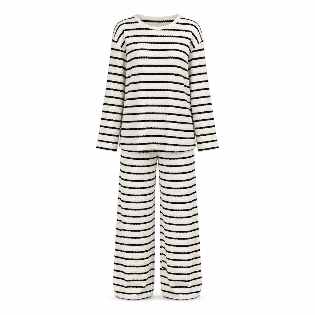 Women Casual Loose Striped Long Sleeve Crew Neck Top and Drawstring Pants Loungewear Set