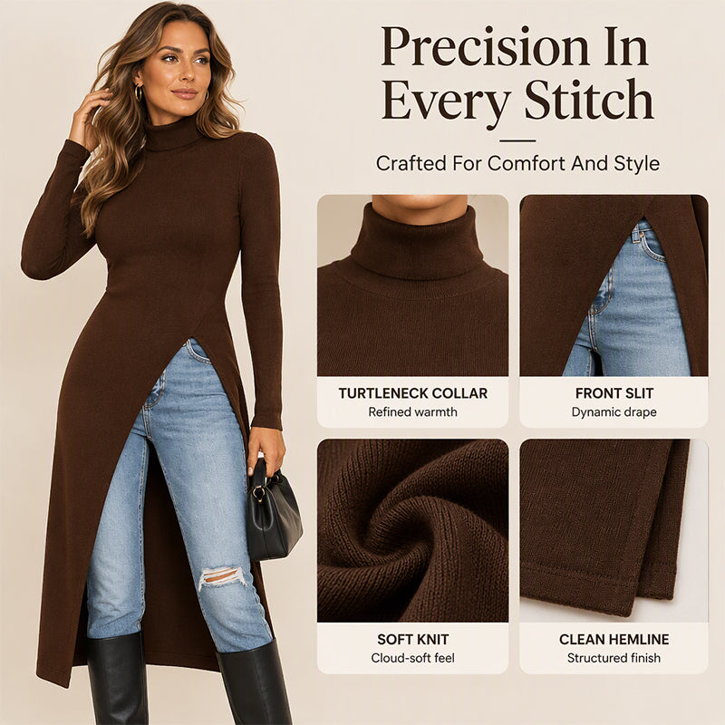 🧶 Cozy Neck Warmth, Graceful Side Movement | Women's Turtleneck High Split Knit Tunic