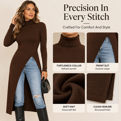 🧶 Cozy Neck Warmth, Graceful Side Movement | Women's Turtleneck High Split Knit Tunic