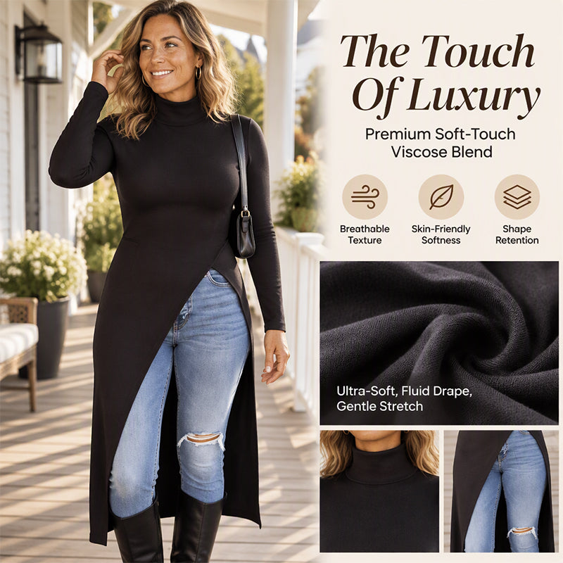 🧶 Cozy Neck Warmth, Graceful Side Movement | Women's Turtleneck High Split Knit Tunic