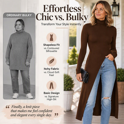 🧶 Cozy Neck Warmth, Graceful Side Movement | Women's Turtleneck High Split Knit Tunic