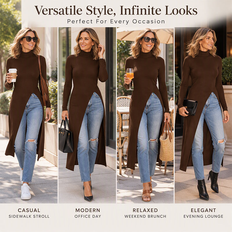 🧶 Cozy Neck Warmth, Graceful Side Movement | Women's Turtleneck High Split Knit Tunic
