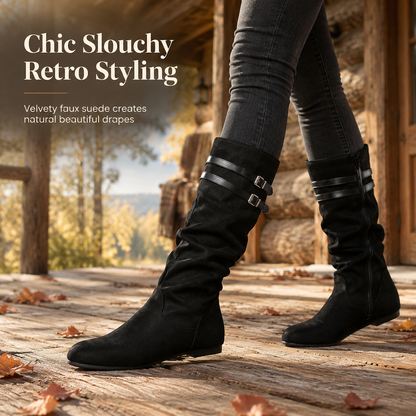 Womens Retro Suede Slouchy Knee High Boots Comfortable Flat Double Buckle Tall Boots
