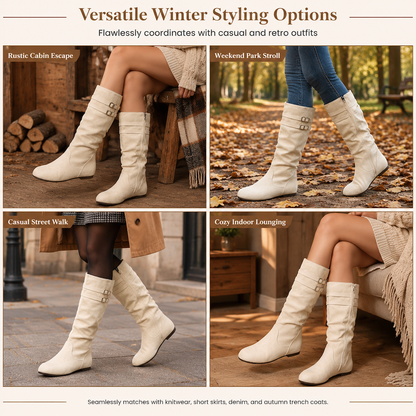 Womens Retro Suede Slouchy Knee High Boots Comfortable Flat Double Buckle Tall Boots