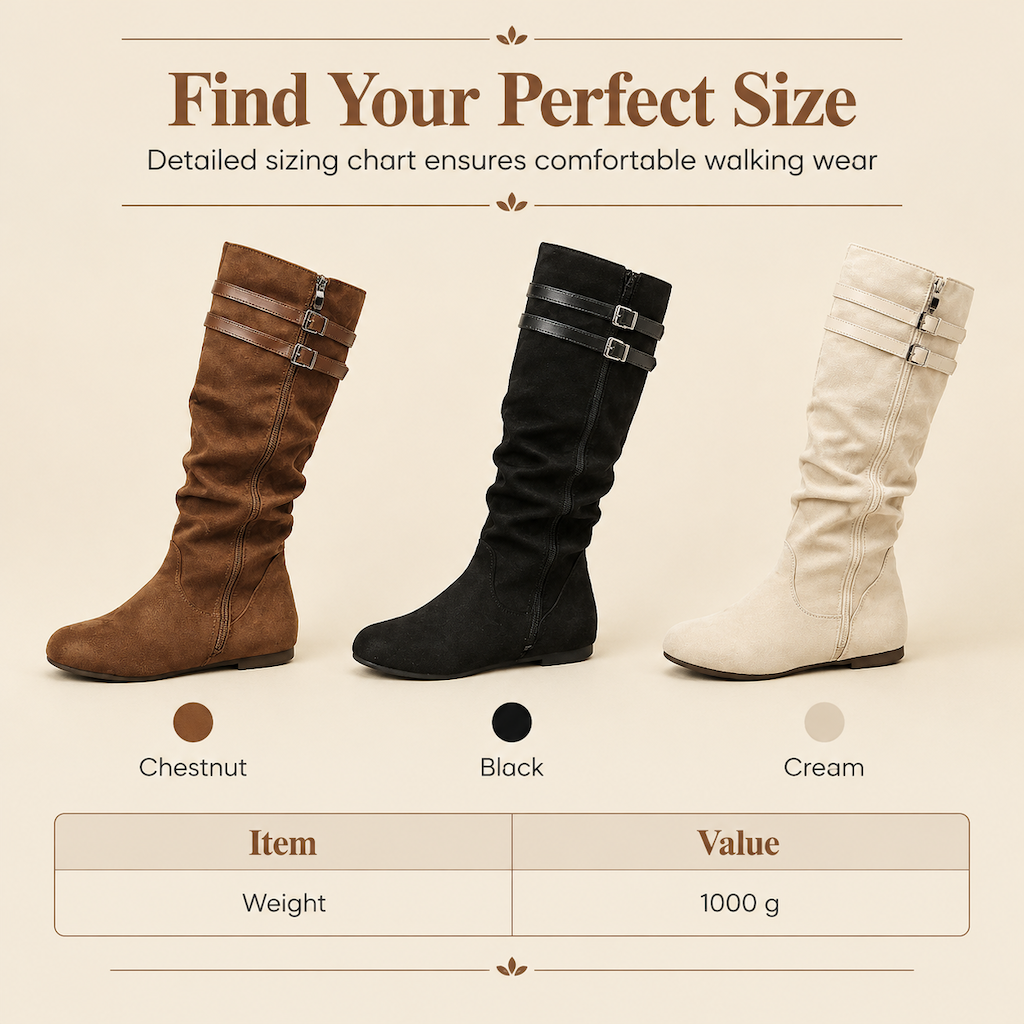 Womens Retro Suede Slouchy Knee High Boots Comfortable Flat Double Buckle Tall Boots
