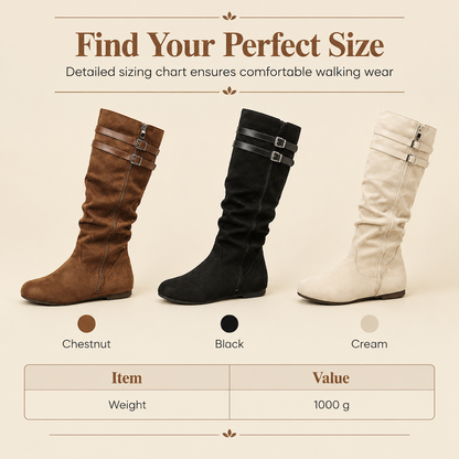 Womens Retro Suede Slouchy Knee High Boots Comfortable Flat Double Buckle Tall Boots