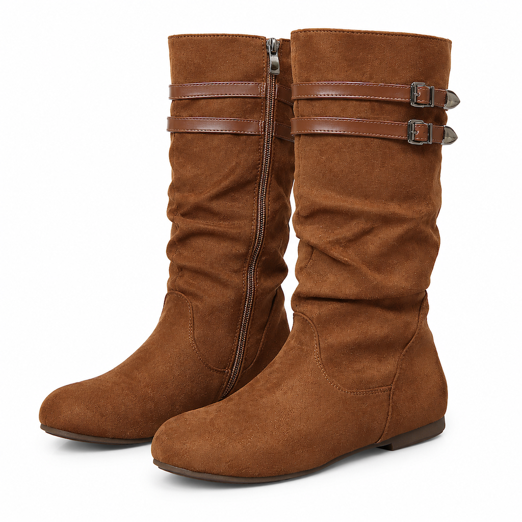 Womens Retro Suede Slouchy Knee High Boots Comfortable Flat Double Buckle Tall Boots