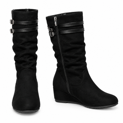 Womens Retro Suede Slouchy Knee High Boots Comfortable Flat Double Buckle Tall Boots