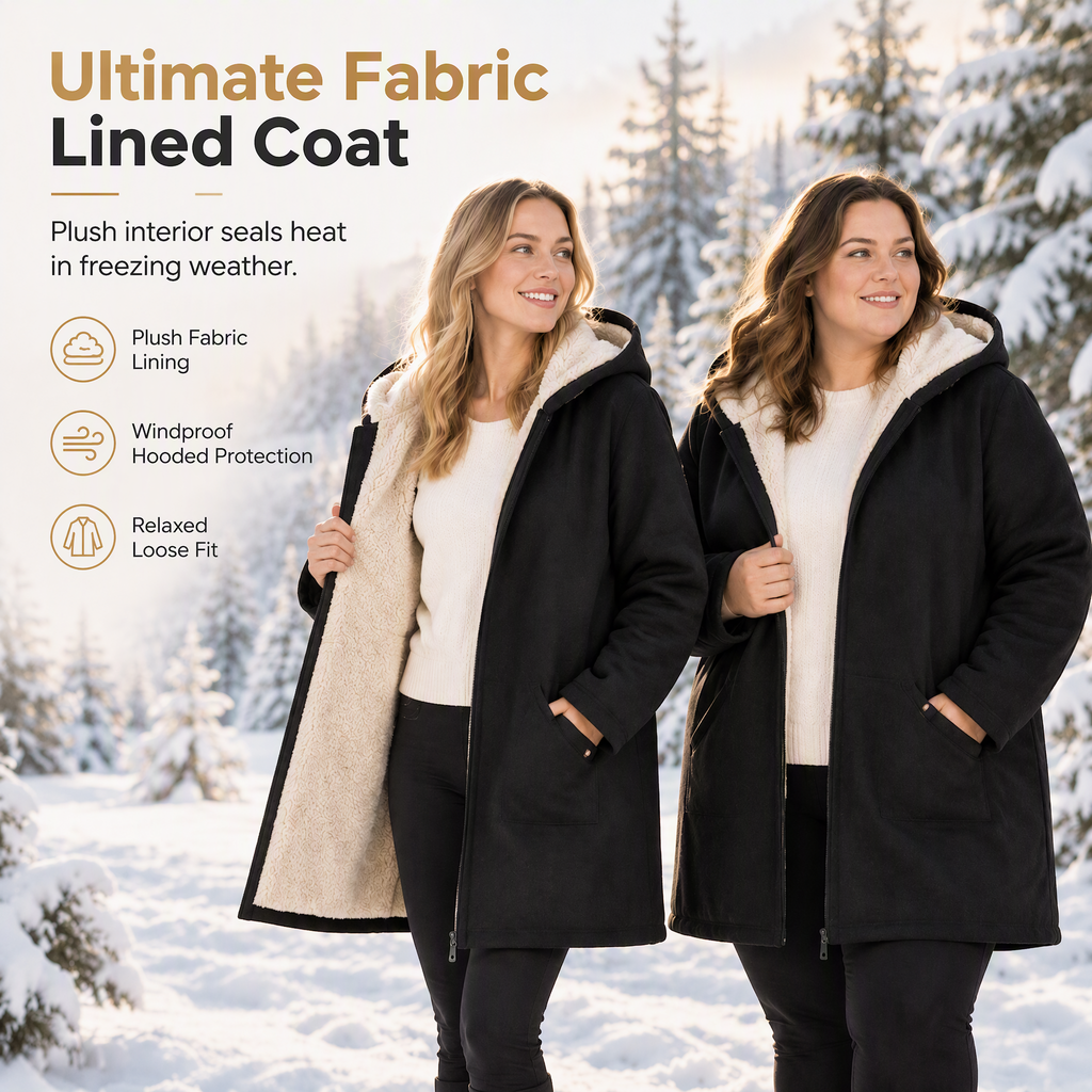 Women's Fabric Lined Hooded Warm Mid-Length Solid Color Long Sleeve Coat for Fall and Winter