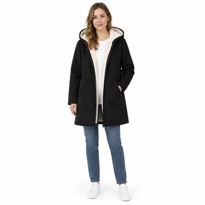 Women's Fabric Lined Hooded Warm Mid-Length Solid Color Long Sleeve Coat for Fall and Winter
