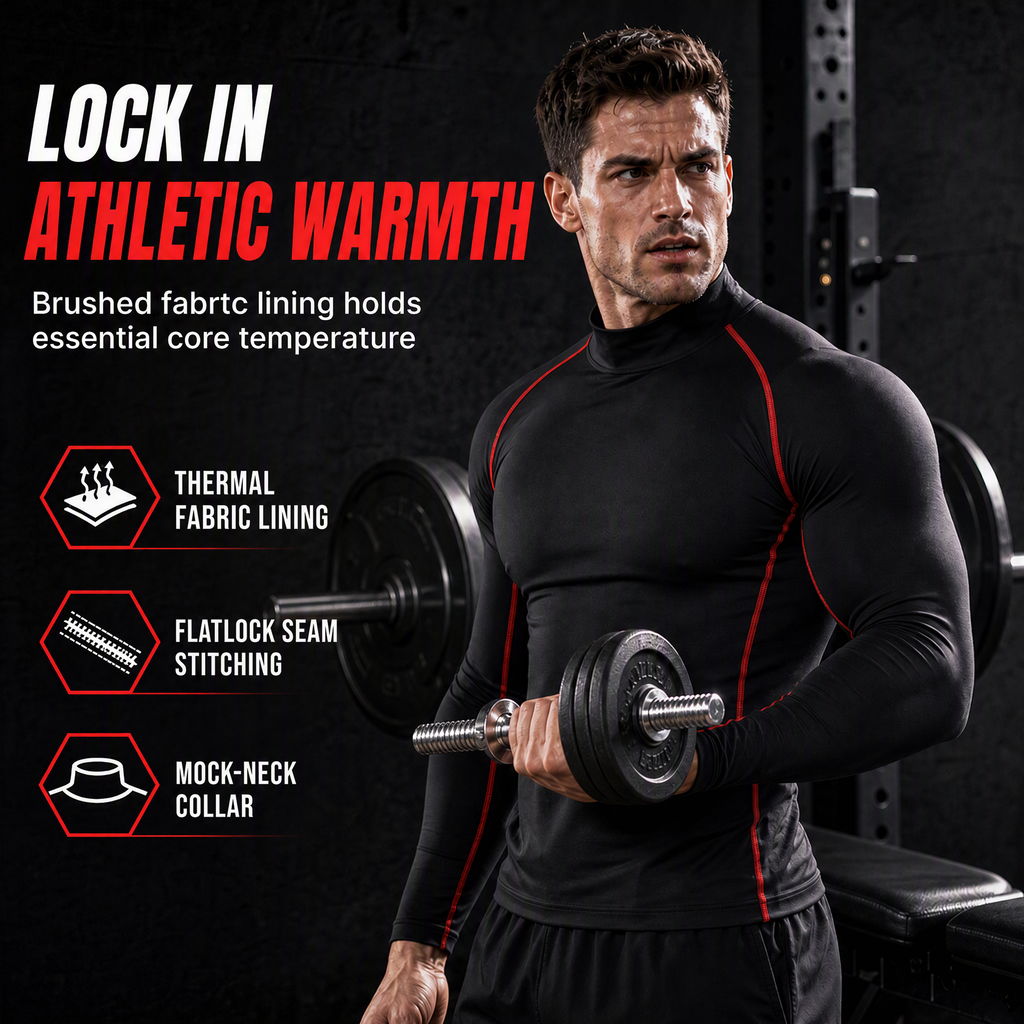 💪Men's Winter Thermal Fabric Lined Compression Long Sleeve T-Shirt High Neck Sports Running Training Base Layer