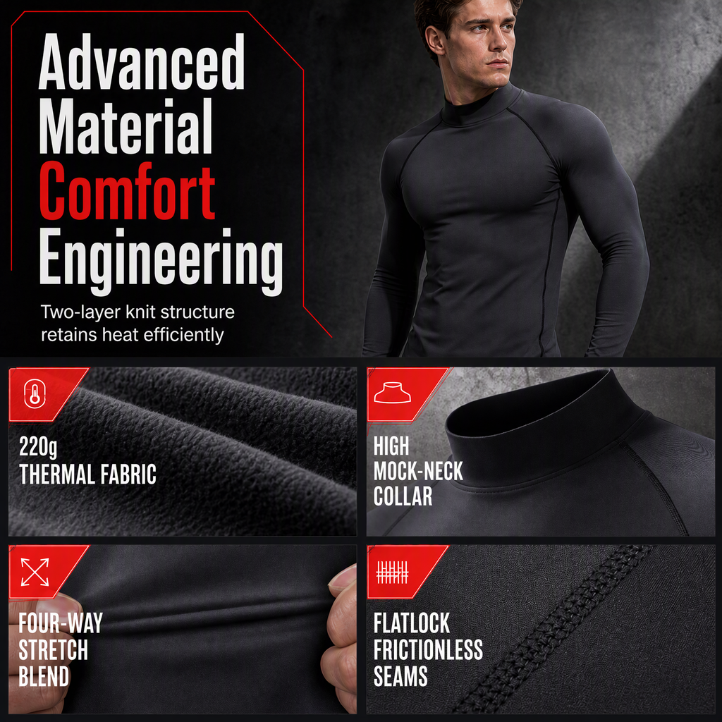 💪Men's Winter Thermal Fabric Lined Compression Long Sleeve T-Shirt High Neck Sports Running Training Base Layer