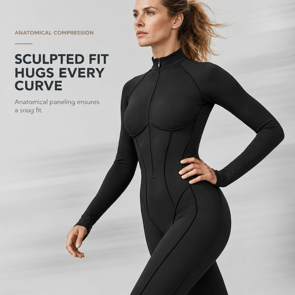 Women's Ribbed Mock Neck Half Zip Jumpsuit High Impact Yoga and Fitness Bodysuit