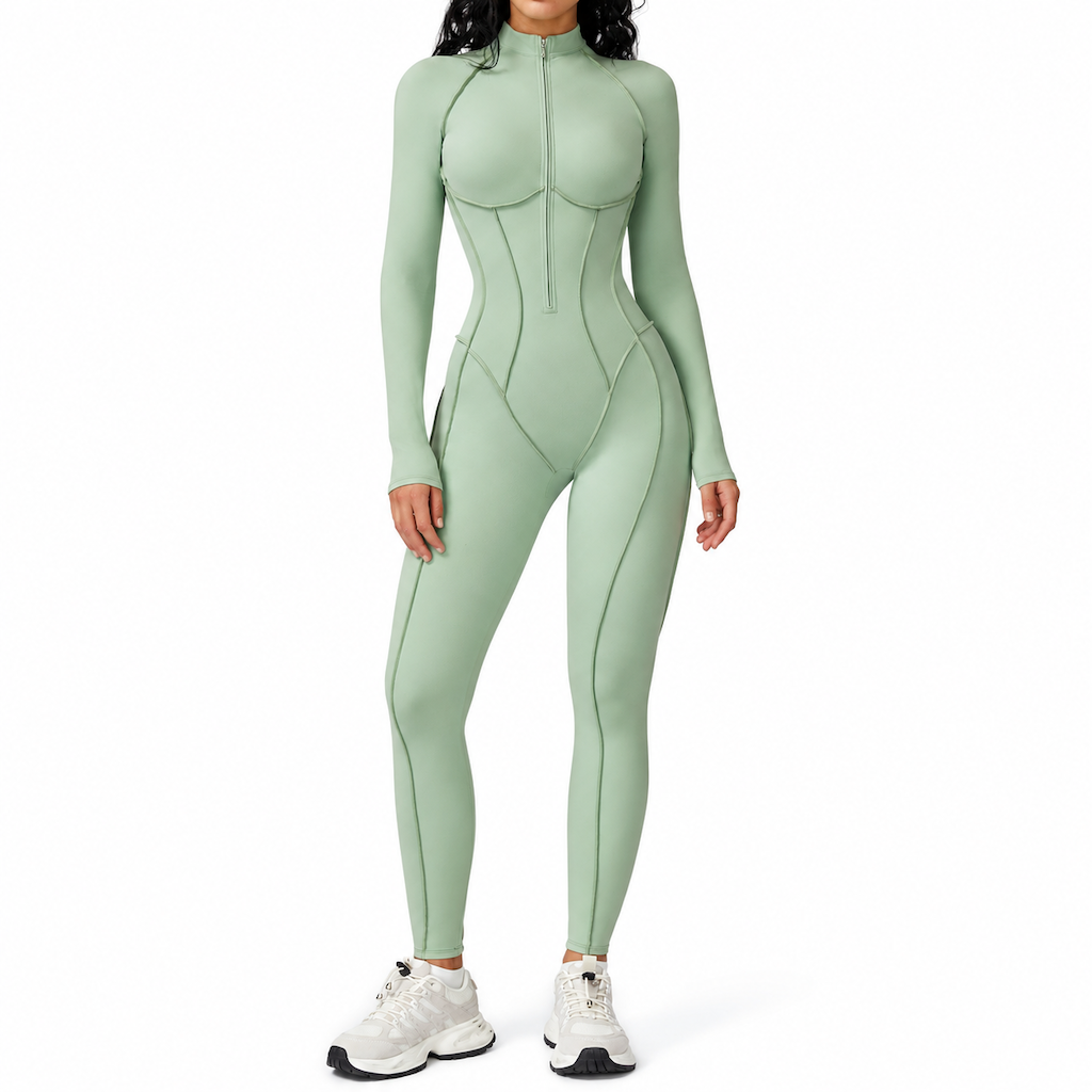 Women's Ribbed Mock Neck Half Zip Jumpsuit High Impact Yoga and Fitness Bodysuit