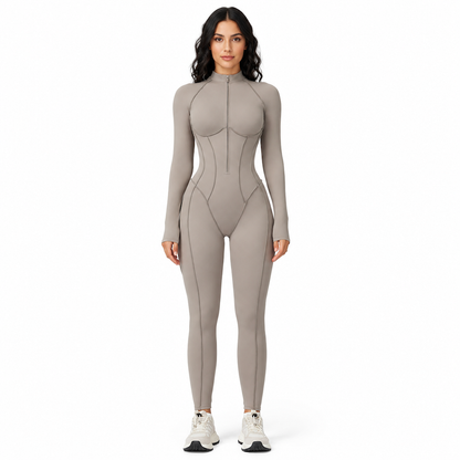 Women's Ribbed Mock Neck Half Zip Jumpsuit High Impact Yoga and Fitness Bodysuit