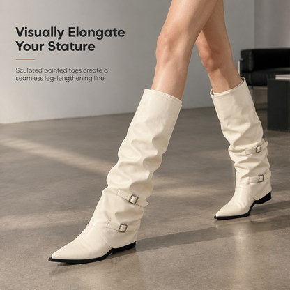 Women's Soft Leather Pointed Toe Slouchy Knee High Boots with Chunky Block Heel
