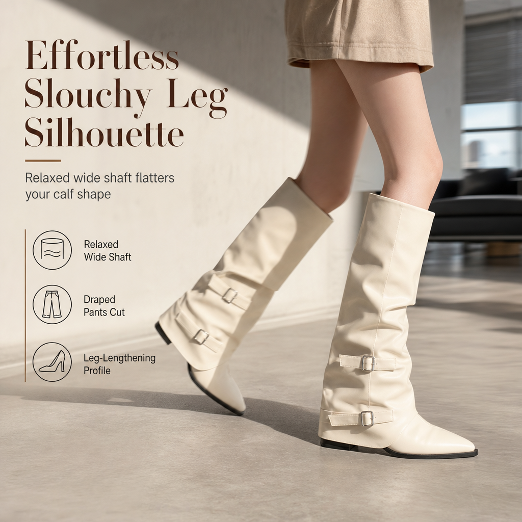 Women's Soft Leather Pointed Toe Slouchy Knee High Boots with Chunky Block Heel