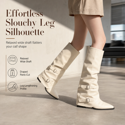 Women's Soft Leather Pointed Toe Slouchy Knee High Boots with Chunky Block Heel