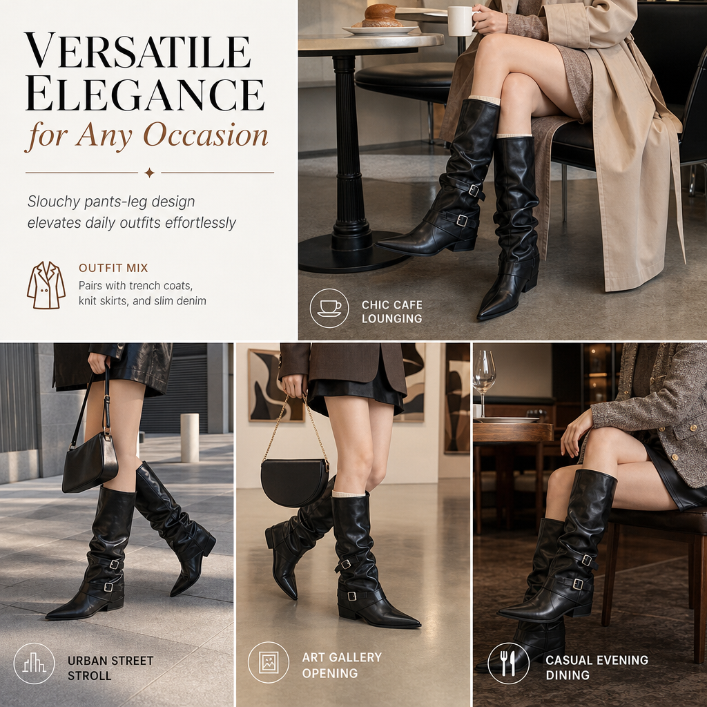 Women's Soft Leather Pointed Toe Slouchy Knee High Boots with Chunky Block Heel