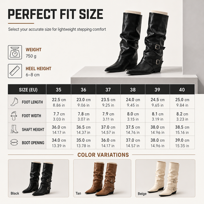 Women's Soft Leather Pointed Toe Slouchy Knee High Boots with Chunky Block Heel