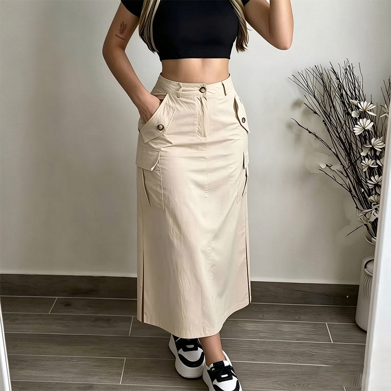 Women's High-Waisted Cargo Midi Skirt