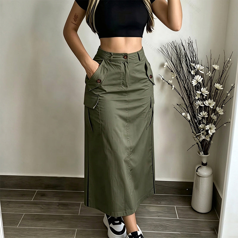 Women's High-Waisted Cargo Midi Skirt