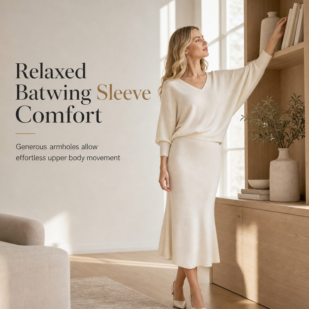 Elegant V Neck Batwing Sleeve Knit Top and Midi Skirt Two Piece Set🔥𝙁𝙧𝙚𝙚 𝙎𝙝𝙞𝙥𝙥𝙞𝙣𝙜