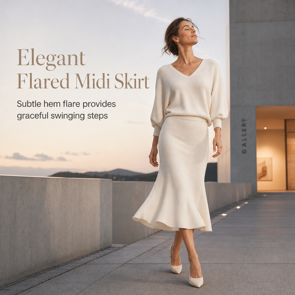 Elegant V Neck Batwing Sleeve Knit Top and Midi Skirt Two Piece Set🔥𝙁𝙧𝙚𝙚 𝙎𝙝𝙞𝙥𝙥𝙞𝙣𝙜