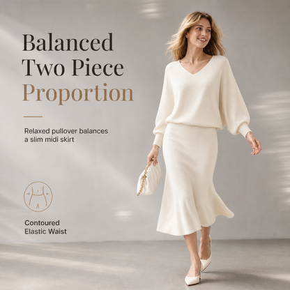 Elegant V Neck Batwing Sleeve Knit Top and Midi Skirt Two Piece Set🔥𝙁𝙧𝙚𝙚 𝙎𝙝𝙞𝙥𝙥𝙞𝙣𝙜