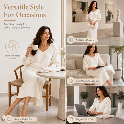 Elegant V Neck Batwing Sleeve Knit Top and Midi Skirt Two Piece Set🔥𝙁𝙧𝙚𝙚 𝙎𝙝𝙞𝙥𝙥𝙞𝙣𝙜
