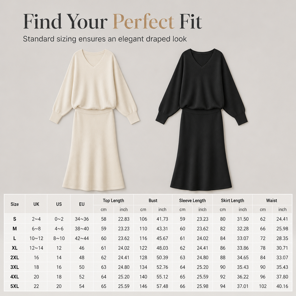 Elegant V Neck Batwing Sleeve Knit Top and Midi Skirt Two Piece Set🔥𝙁𝙧𝙚𝙚 𝙎𝙝𝙞𝙥𝙥𝙞𝙣𝙜