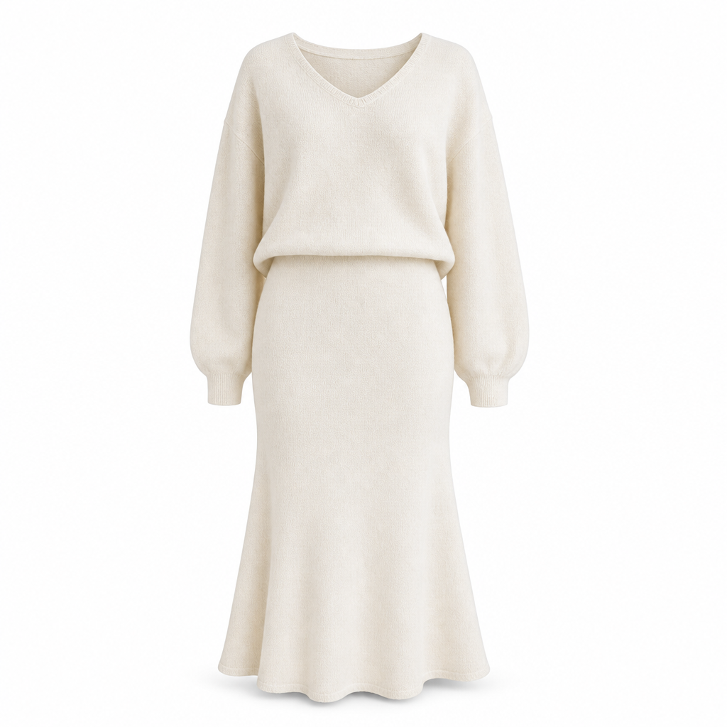 Elegant V Neck Batwing Sleeve Knit Top and Midi Skirt Two Piece Set🔥𝙁𝙧𝙚𝙚 𝙎𝙝𝙞𝙥𝙥𝙞𝙣𝙜