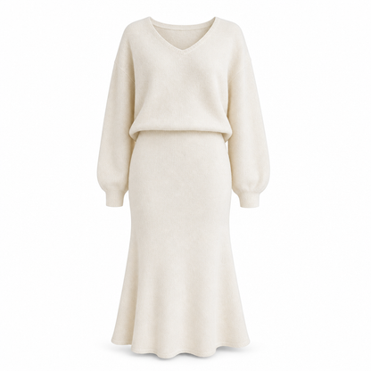 Elegant V Neck Batwing Sleeve Knit Top and Midi Skirt Two Piece Set🔥𝙁𝙧𝙚𝙚 𝙎𝙝𝙞𝙥𝙥𝙞𝙣𝙜