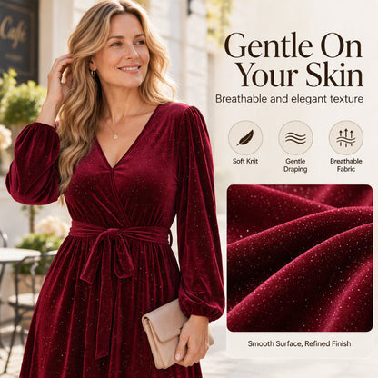 Women's Elegant Plus Size Velvet Dress with Waist Tie