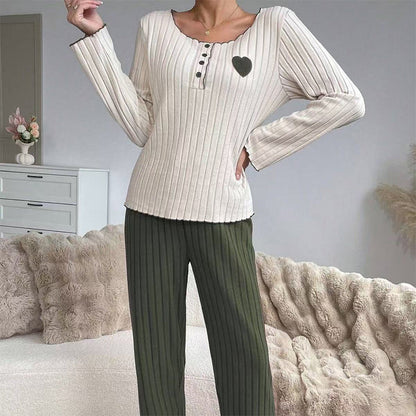 Women's Heart Embroidery Ribbed Pajama Set