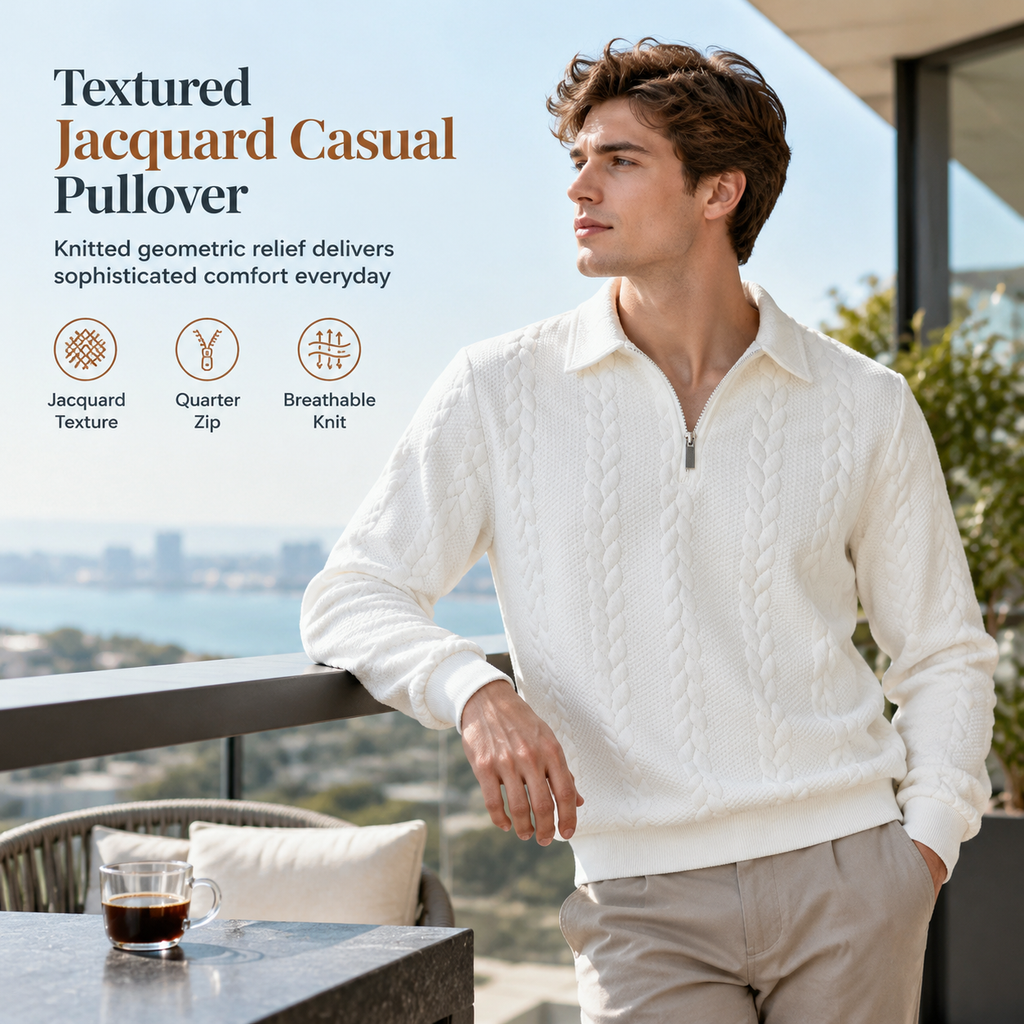 🧶 Refined Woven Texture, Easy Layered Comfort | Men's Casual Jacquard Knit Pullover