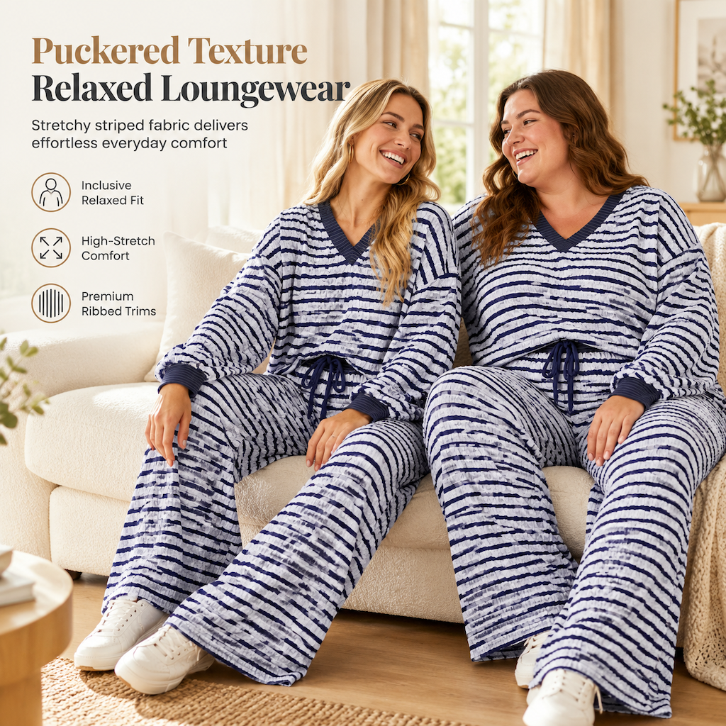 Women's Striped Casual Loungewear Set Long Sleeve V Neck Top and Wide Leg Pants Two Piece Relaxed Fit Set