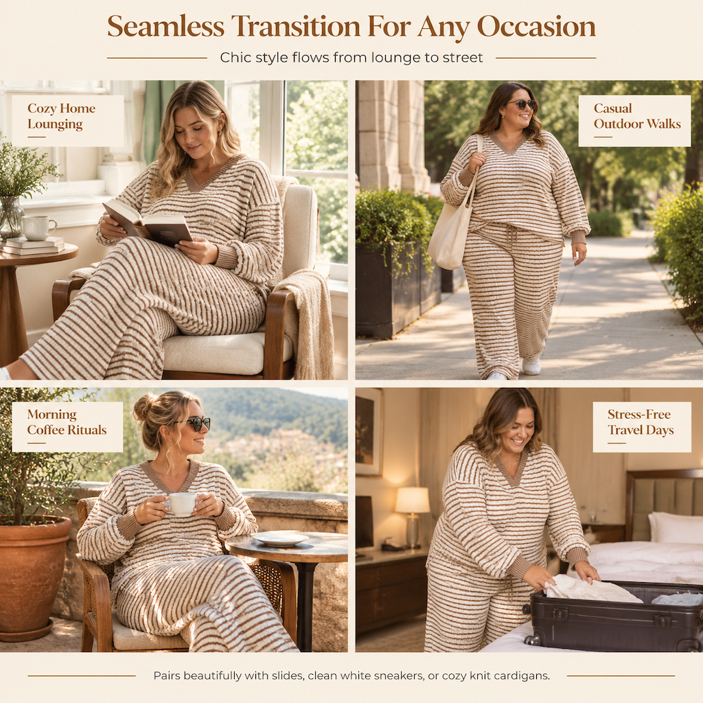 Women's Striped Casual Loungewear Set Long Sleeve V Neck Top and Wide Leg Pants Two Piece Relaxed Fit Set