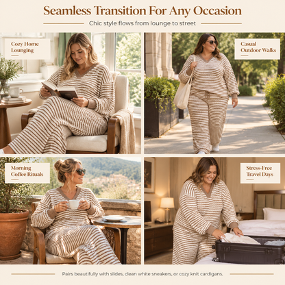 Women's Striped Casual Loungewear Set Long Sleeve V Neck Top and Wide Leg Pants Two Piece Relaxed Fit Set