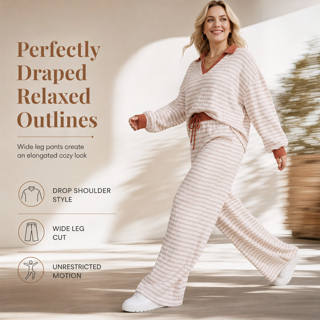 Women's Striped Casual Loungewear Set Long Sleeve V Neck Top and Wide Leg Pants Two Piece Relaxed Fit Set