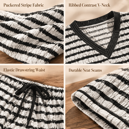 Women's Striped Casual Loungewear Set Long Sleeve V Neck Top and Wide Leg Pants Two Piece Relaxed Fit Set