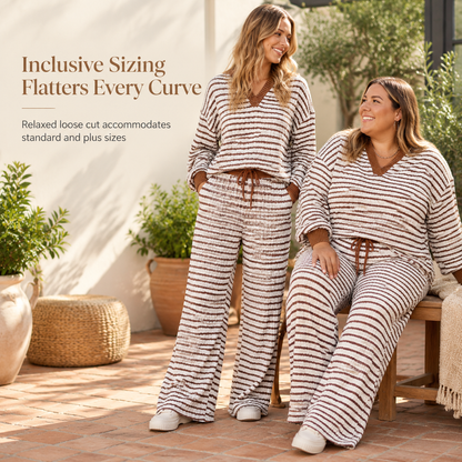 Women's Striped Casual Loungewear Set Long Sleeve V Neck Top and Wide Leg Pants Two Piece Relaxed Fit Set