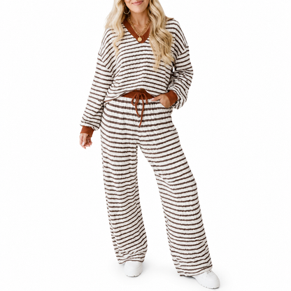 Women's Striped Casual Loungewear Set Long Sleeve V Neck Top and Wide Leg Pants Two Piece Relaxed Fit Set