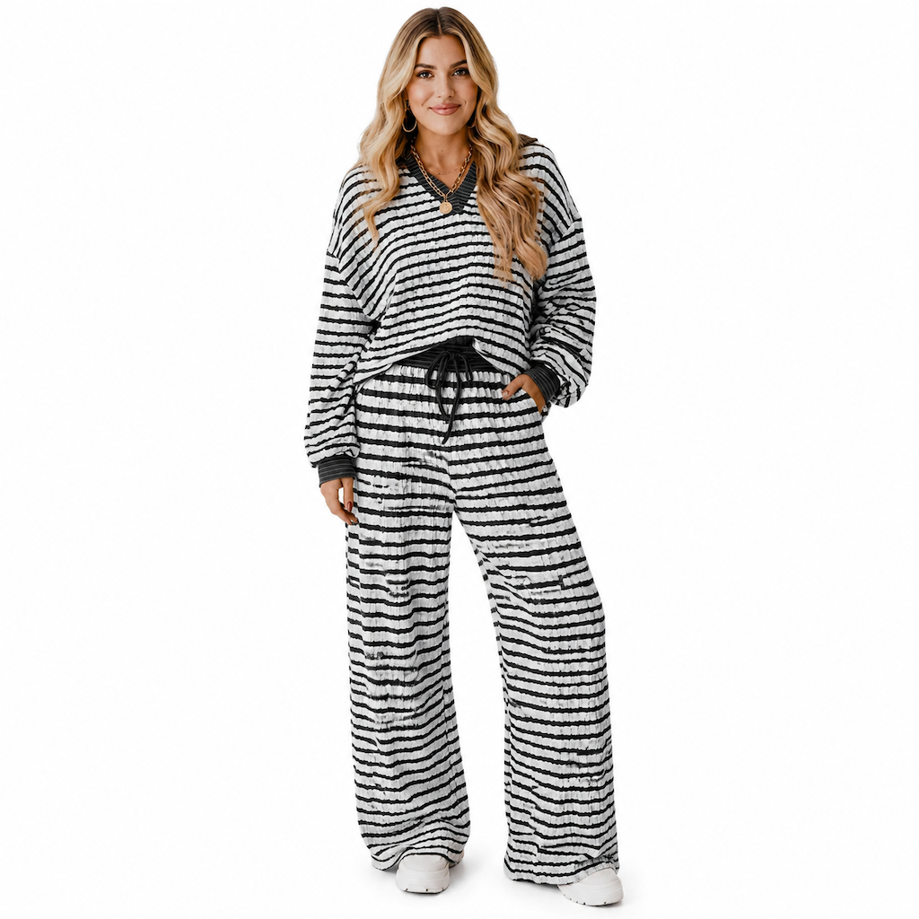 Women's Striped Casual Loungewear Set Long Sleeve V Neck Top and Wide Leg Pants Two Piece Relaxed Fit Set