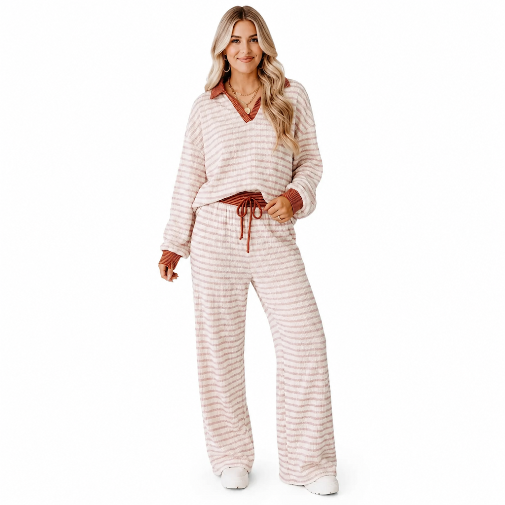 Women's Striped Casual Loungewear Set Long Sleeve V Neck Top and Wide Leg Pants Two Piece Relaxed Fit Set